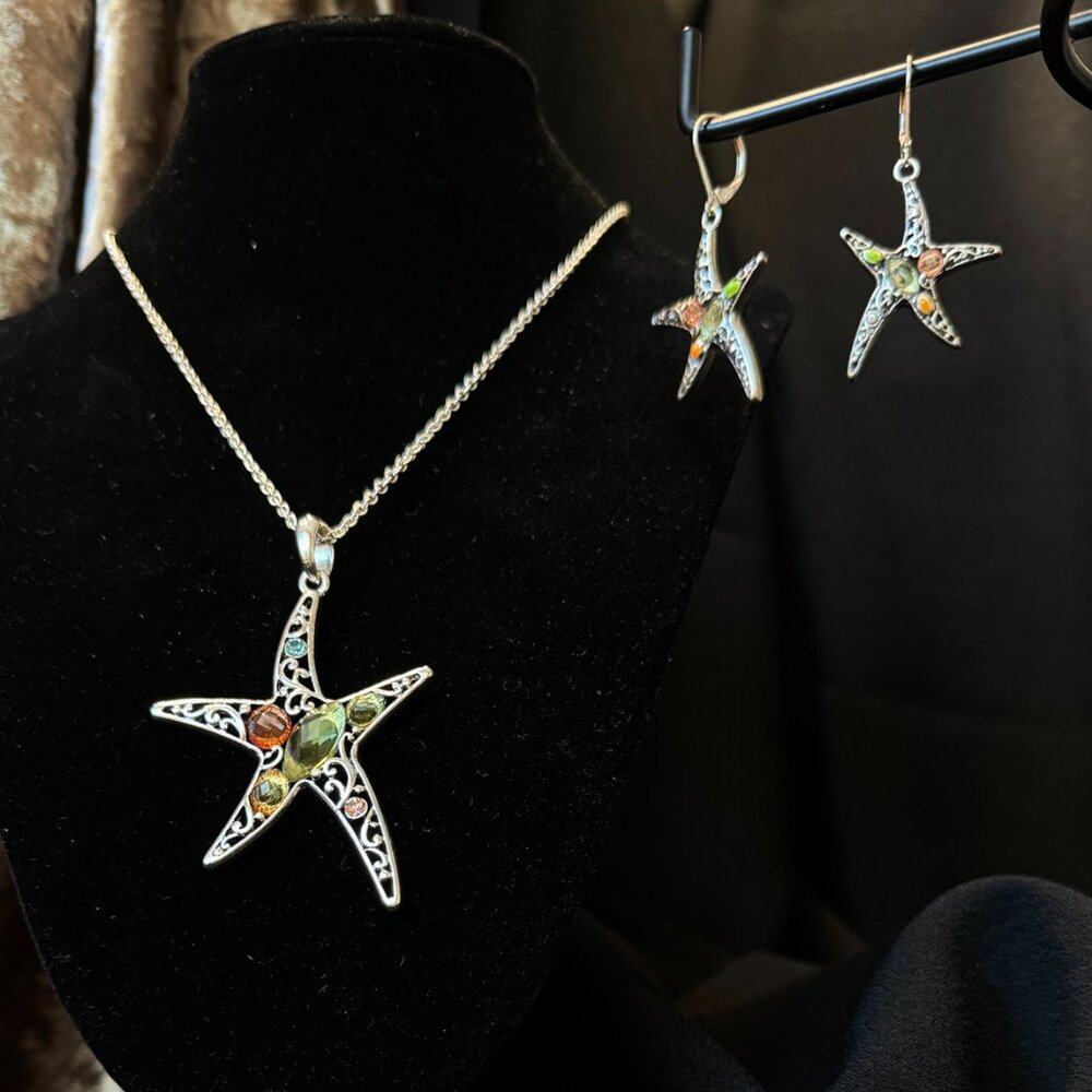 Starfish Earrings + Pendant Silver Tone Openwork Scroll Colorful Gemstones Chain